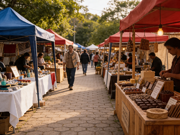 Feira ao ar livre com barracas e produtos artesanais